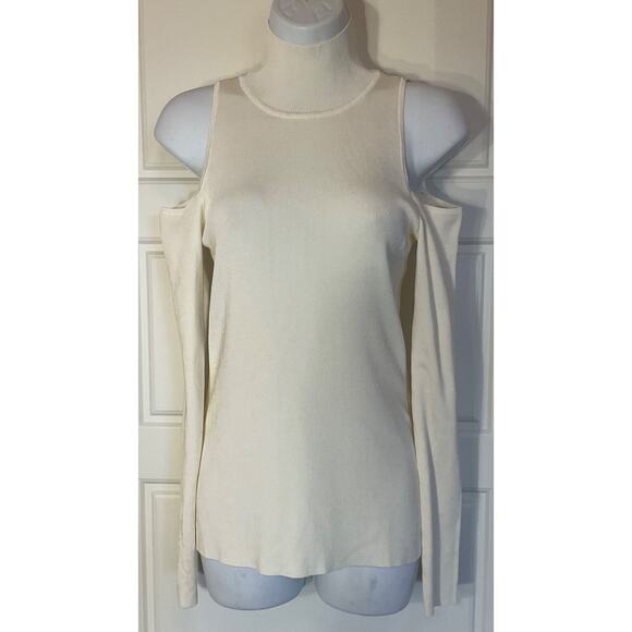 White House Black Market Tops - White House Off-White Cold-Shoulder Ribbed Knit Mock Neck Long Sleeve Top S